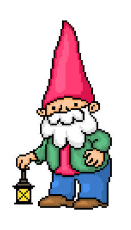 Bearded garden gnome in a red pointy hat, green jacket, red shirt and blue pants with a lantern, pixel art isolated on white. Lawn ornament. Fairy tale character. 8 bit dwarf logo. Leprechaun mascot.のイラスト素材