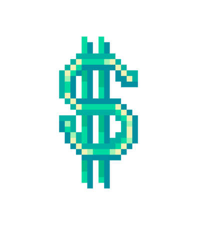 Green shiny dollar sign, pixel art icon isolated on white background. Bank icon. American money investment symbol. Payment sign. 8 bit slot machine jackpot pictogram. Retro 80s,90s video game graphicsのイラスト素材