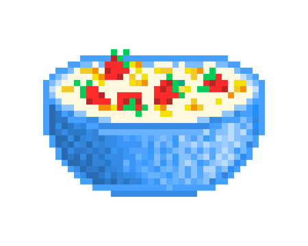 Big blue bowl of cornflakes served with milk and fresh strawberries, 8 bit pixel art icon isolated on white background.
Dry muesli mix. Homemade healthy breakfast idea. Quick and easy dessert recipe.のイラスト素材