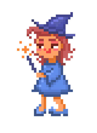 Pixel art, friendly witch in blue hat and dress putting spell with magic wand isolated on white background. Halloween character. Old school 8 bit slot machine icon. Retro 80s,90s video game graphics.のイラスト素材