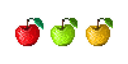 Set of pixel art icons. Red, green, yellow apples with leaf. Old school 8 bit illustration isolated on white background. Healthy food symbol. Diet emblem. Retro 80s,90s video game object design.のイラスト素材