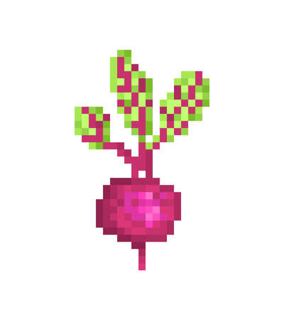 Beetroot with leaves isolated on white background, pixel art icon. Old school 8 bit slot machine pictogram of garden beet. Vegetable symbol. Retro 80s,90s video game graphics. Eco food market logo.のイラスト素材