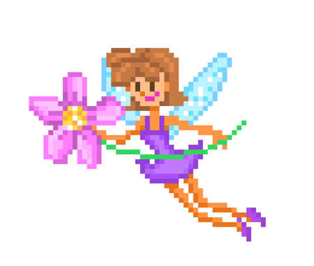 Pixel art character, small flying fairy with wings in violet dress with a pink flower isolated on white background. Magic creature logo. Friendly numph icon. Retro 80s,90s 8 bit video game graphics.のイラスト素材