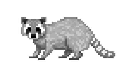Cute gray common raccoon, pixel art symbol isolated on white background. Wildlife animal. Old school 8 bit slot machine pictogram. Retro 80s; 90s video game graphics. Zoo/national park/forest mammal.のイラスト素材
