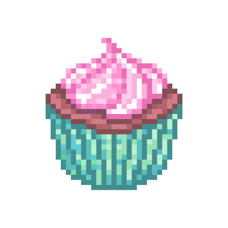 Chocolate cupcake with pink cream icing in a green baking cup, pixel art food icon isolated on white background . Appetizing muffin. Bakery logo. Dessert menu symbol. Old school 8 bit game graphics.のイラスト素材