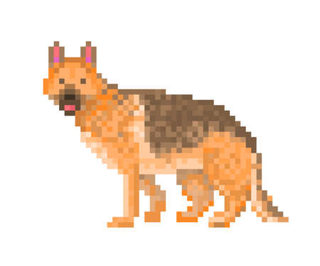 Purebred German Shepherd dog, pixel art character isolated on white background. Big trained police guard sheepdog mascot. Old school 8 bit slot machine icon. Retro 80s; 90s video game graphics.のイラスト素材