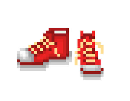 A pair of new red sneakers, pixel art illustration isolated on white background. Trendy sport shoes. Casual footwear brand logo. Old school 8 bit slot machine icon. Retro 80s,90s video game graphics.のイラスト素材
