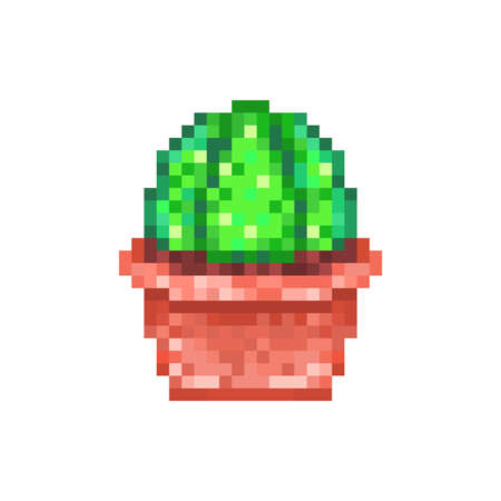 Green cactus in red clay flower pot, pixel art icon isolated on white background. Retro 80s; 90s old school 8 bit slot machine/video game graphics. Houseplant logo. Office succulent. Symbol of Mexico.のイラスト素材