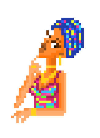 Attractive african woman in traditional ethnic clothing, retro vintage 8 bit pixel art character isolated on white background. Black girl in headwrap and summer dress, fashion model posing, portrait.のイラスト素材