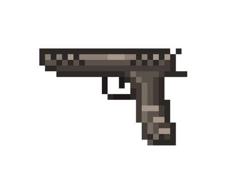 Black pistol, pixel art symbol isolated on white background. Firearm icon. Handgun sign. Old school 8 bit slot machine pictogram. Retro 80s; 90s shooter video game graphics. Police/ army ammunition.のイラスト素材