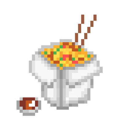 Chinese food box, pixel art icon isolated on white background. Noodles with vegetables, mushrooms, meat and soy sauce bowl. Chinese cuisine restaurant logo. Takeaway fast food. Asian product delivery.のイラスト素材