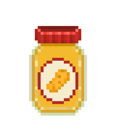 Peanut butter in a jar, pixel art icon isolated on white background. Nut paste for breakfast. Dessert topping. Homemade nut spread.Retro 80s,90s video game graphics. Old school 8 bit slot machine iconのイラスト素材