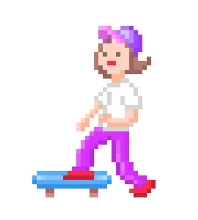 Fit teenage girl riding skateboard, pixel art character isolated on white background. Summer city activity. Extreme urban action sport. Skatepark mascot. Healthy lifestyle symbol. Retro game graphics.のイラスト素材