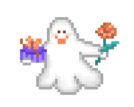Friendly ghost presenting gift box and red rose flower, pixel art cartoon character isolated on white background. Birthday card with cheerful spirit. Halloween phantom mascot.Retro video game graphicsのイラスト素材