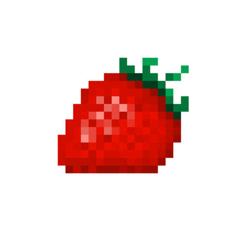Red strawberry, pixel art icon isolated on white background. Jam sticker. Garden berry symbol. Fruit emblem. Erotic sex shop logo.Retro 80s,90s video game graphics. Old school 8 bit slot machine icon.のイラスト素材