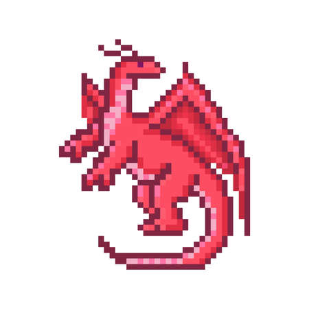 Red dragon, cartoon pixel art character isolated on white background. Retro 8 bit fantastic creature. Magic animal. Fairytale mascot. Fire spirit. Medieval reptile. Middle ages folklore. Evil spirit.のイラスト素材