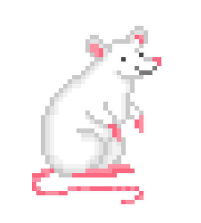 Old school 8 bit pixel art white mouse sitting on the ground isolated on white background. Retro video/pc game animal character. Slot machine graphics. Laboratory rat icon. Domestic pet rodent symbol.のイラスト素材