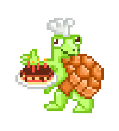 Baker turtle in a chef hat presenting chocolate birthday cake, cute cartoon pixel art character isolated on white background.Birthday card, kid party invitation element.Sweet surprise gift for a childのイラスト素材