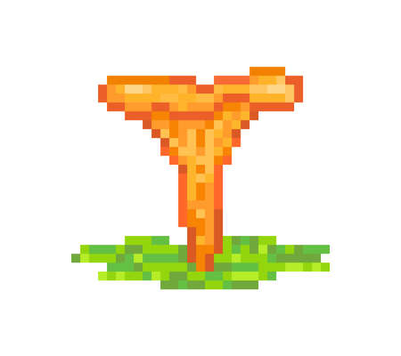 Chanterelle, edible forest mushroom, pixel art symbol isolated on white background. Autumn harvest. Eco food market logo. Old school 8 bit slot machine pictogram. Retro 80s; 90s video game graphics.のイラスト素材