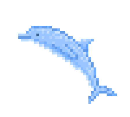 Happy blue jumping bottlenose dolphin, cartoon pixel art character isolated on white background. Wildlife animal, aquatic mammal. Dolphinarium logo. Water circus show emblem. Retro video game graphicsのイラスト素材