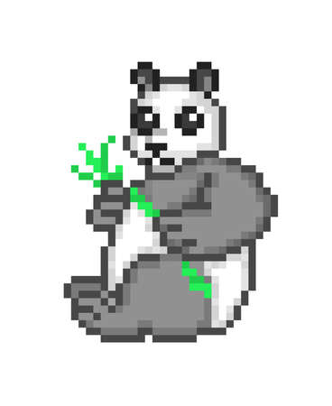 Giant panda bear holding bamboo in paws, pixel art cartoon character isolated on white background. Chinese endangered species symbol. Zoo/wildlife animal icon. Retro 80s, 90s video/pc game character.のイラスト素材