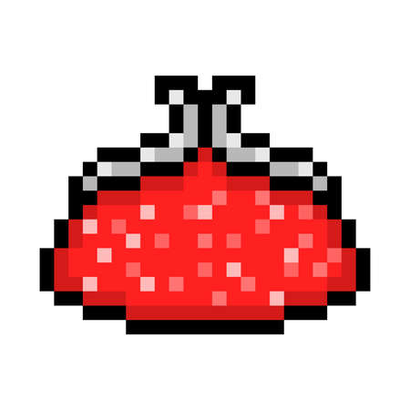 Pixel art coin purse isolated on white background. 8 bit elegant red sparkling glitter sequin clutch bag icon. Womens' fashion accessory. Vintage retro 80s-90s slot machine / video game graphics.のイラスト素材