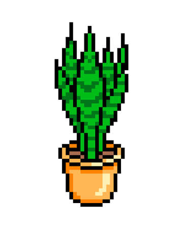 Sansevieria in an orange pot, pixel art icon isolated on white background. 8 bit decorative houseplant. Home / office interior element. Old school vintage retro slot machine / video game graphics.のイラスト素材
