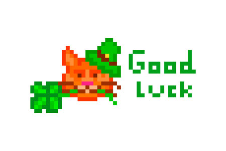 Ginger cat in a green hat holding four-leaf clover in the mouth and good luck wish, pixel art Saint Patrick's Day character isolated on white background. 8 bit slot machine / video game grapics.のイラスト素材