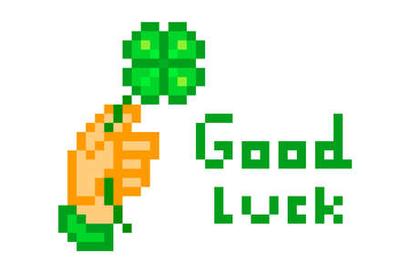 Leprechaun hand holding four-leaf clover and good luck wish, pixel art Saint Patrick's Day illustration isolated on white background. 8 bit old school vintage retro slot machine / video game graphics.