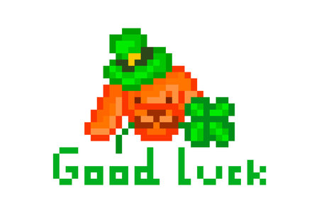 Ginger dog in a green hat holding four-leaf clover in the mouth and good luck wish, pixel art Saint Patrick's Day character isolated on white background. 8 bit slot machine / video game grapics.のイラスト素材
