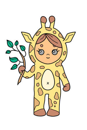 Little girl wearing giraffe jumpsuit holding a leafed branch, cute cartoon character isolated on white background. Kid in funny pajamas. Child holiday animal costume. Sleepover slumber party mascot.のイラスト素材