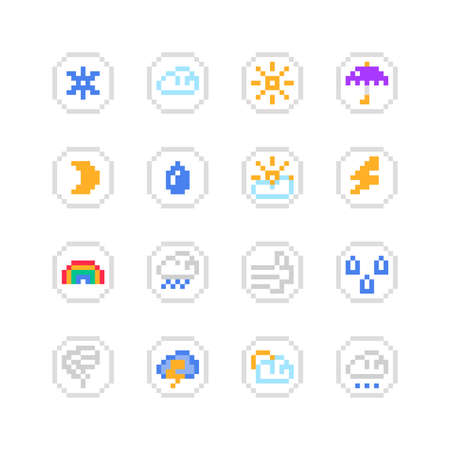 Big set of 16 pixel art weather icons isolated on white background. Collection of 8 bit meteorology...