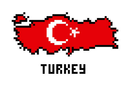 2d 8 bit pixel art Turkey map covered with flag isolated on white background. Old school vintage retro 80s, 90s platform computer, video game graphics. Slot machine design element. Country geography.のイラスト素材