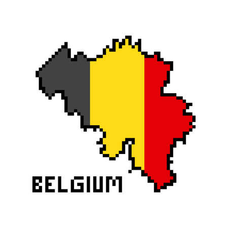 2d 8 bit pixel art Belgium map covered with flag isolated on white background. Old school vintage retro 80s, 90s platform computer, video game graphics. Slot machine design element. Country geography.のイラスト素材