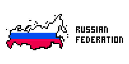 2d 8 bit pixel art Russian Federation map covered with flag isolated on white background. Old school vintage retro 80s, 90s platform computer, video game graphics. Slot machine design element.のイラスト素材
