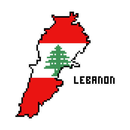 2d 8 bit pixel art Lebanon map covered with flag isolated on white background. Old school vintage retro 80s, 90s platform computer, video game graphics. Slot machine design element. Country geography.のイラスト素材