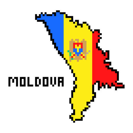 2d 8 bit pixel art Moldova map covered with flag isolated on white background. Old school vintage retro 80s, 90s platform computer, video game graphics. Slot machine design element. Country geography.のイラスト素材
