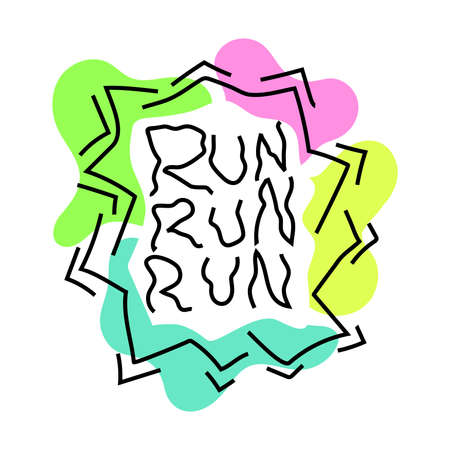 Colorful "run" line lettering and random doodles isolated on white background. Handwritten motivation active healthy lifestyle quote. Inspiring sport font print. Sketchy jogging workout typography.のイラスト素材