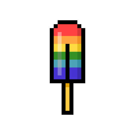 2d 8 bit pixel art rainbow ice cream popsicle on a stick icon isolated on white background. Summer dessert. LGBT symbol. Vintage retro 80s, 90s computer, video game graphics. Slot machine design.のイラスト素材