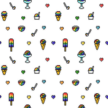 8 bit Pixel art rainbow ice cream cones, popsicles, bowls and hearts isolated on white background,...