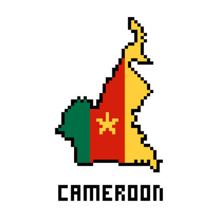 Republic of Cameroon, 8 bit pixel art african country map with flag isolated on white background. Old school vintage retro 80s, 90s computer, video game graphics. Slot machine design element.のイラスト素材