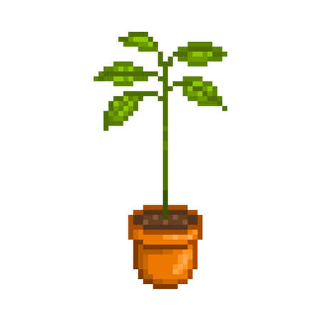 Avocado in an orange pot, pixel art icon isolated on white background. 8 bit decorative houseplant. Home, office, room interior element. Old school vintage retro slot machine, 2d video game graphics.のイラスト素材