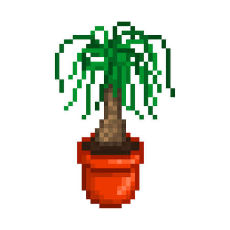 Ponytail palm in an orange pot, pixel art icon isolated on white background. 8 bit decorative houseplant. Home, office, room interior element. Old school vintage retro slot machine, video game graphicsのイラスト素材