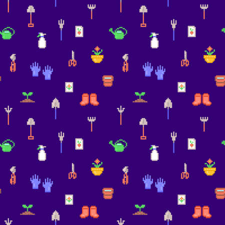 Pixel art garden tools on dark violet background, seamless pattern. Gumboots, rake, bucket, sprayer,...