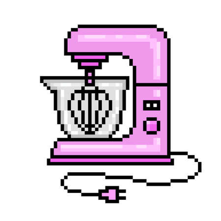 2d 8 bit pixel art pink stand planetary mixer icon isolated on white. Small electric cooking appliance symbol. Vintage retro 80s, 90s computer, video game, slot machine graphics. Kitchen utensil logo.のイラスト素材