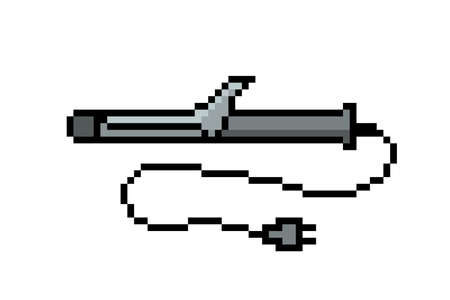 Pixel art curling iron icon isolated on white background. 8 bit hair curler symbol. Beauty salon styling tongs device. Old school vintage retro 80s, 90s 2d computer, video game, slot machine graphics.のイラスト素材