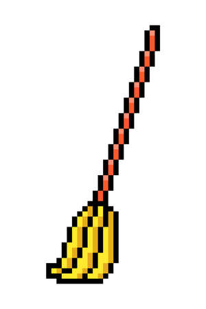 2d 8 bit pixel art broom icon isolated on white background. Domestic cleaning tool symbol. Vintage retro 80s, 90s computer, video game, slot machine graphics. Sweeping equipment. Witch's besom.のイラスト素材