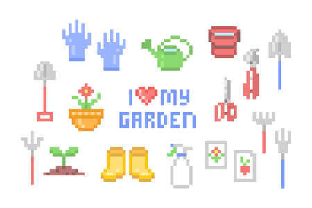 Big set of pixel art gardening tool icons isolated on white. 8 bit gumboots, bucket, sprayer, watering can, seeds, secateurs, fork, gloves, shovel, scissors, trowel, flowerpot. I love my garden print.のイラスト素材