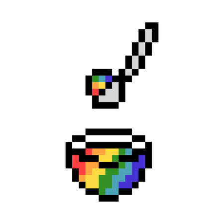 2d 8 bit pixel art rainbow ice cream in a glass bowl with a spoon icon isolated on white background. Summer dessert. LGBT symbol. Vintage retro 80s, 90s computer, video game graphics. Slot machine design.のイラスト素材