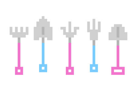 Set of 5 pixel art gardening tool icons isolated on white background. 8 bit symbols: fork, rake, shovel, trowel, spade. Old school vintage retro 80s-90s 2d computer, video game, slot machine graphics.のイラスト素材